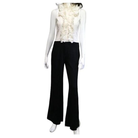 BCBGMaxazria Victorian Ruffle Wide-Leg Jumpsuit White Black  2 - Picture 1 of 11